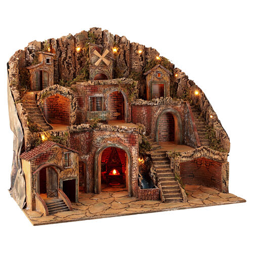 Illuminated Village Setting 100x60x85 cm with Mill and Real Waterfall for Neapolitan Nativity 10-12 cm 5