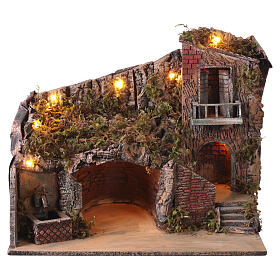 Ambientación 40x50x30 cm iluminada casa con gruta y fuente Belén Nápoles 6-8 cm
