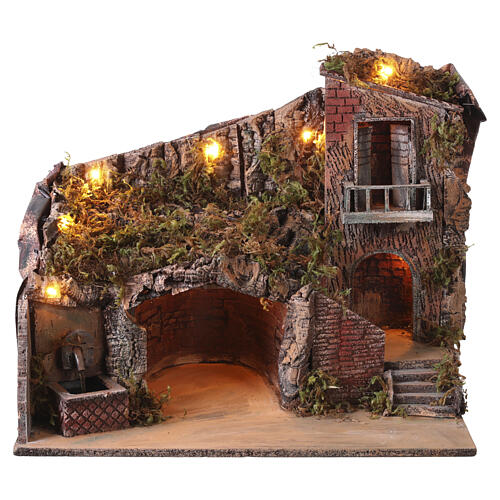 Cenário iluminado 40x50x30 cm para presépio napolitano com casa, gruta e fontanário para figuras 6-8 cm 1
