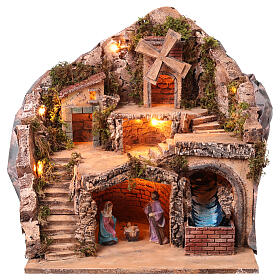 Décor lumineux 45x35x35 cm mouvement moulin cascade crèche napolitaine 6-8 cm