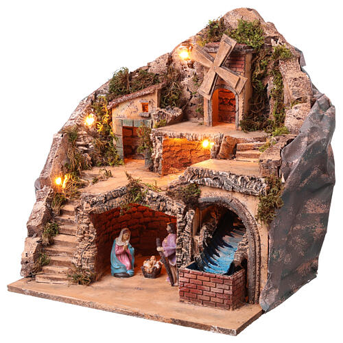 Décor lumineux 45x35x35 cm mouvement moulin cascade crèche napolitaine 6-8 cm 3