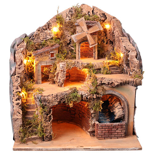 Décor lumineux 45x35x35 cm mouvement moulin cascade crèche napolitaine 6-8 cm 5