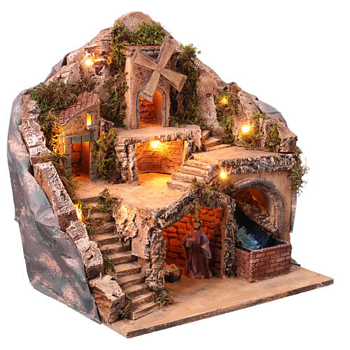 Lighted mill setting animated waterfall Nativity Scene Naples 6-8 cm 45x35x35 4