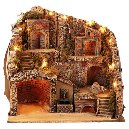 Village illuminé VRAIE fontaine moulin en mouvement Crèche Napolitaine 8-10 cm 50x40x50 cm 1