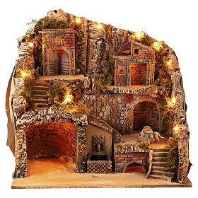 Borgo 50x40x50 cm illuminato fontana VERA mulino in movimento Presepe Napoletano 8-10 cm