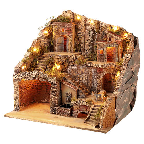 Vila Iluminada 50x40x50 cm com fonte REAL e moinho em movimento para Presépio Napolitano 8-10 cm 3