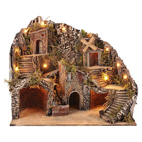 Illuminated village with working waterfall and mill for 8-10 cm Neapolitan Nativity Scene, 60x40x55 cm