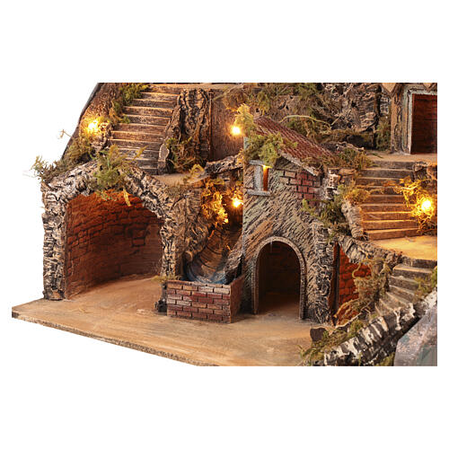 Illuminated Neapolitan village 60x40x55 cm working waterfall mill nativity scene 8-10 cm 2