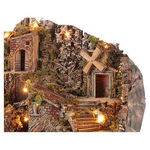 Illuminated Neapolitan village 60x40x55 cm working waterfall mill nativity scene 8-10 cm 4