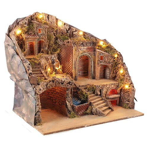 Vila iluminada com cascata funcional e forno para presépio napolitano 50x40x50 cm 5