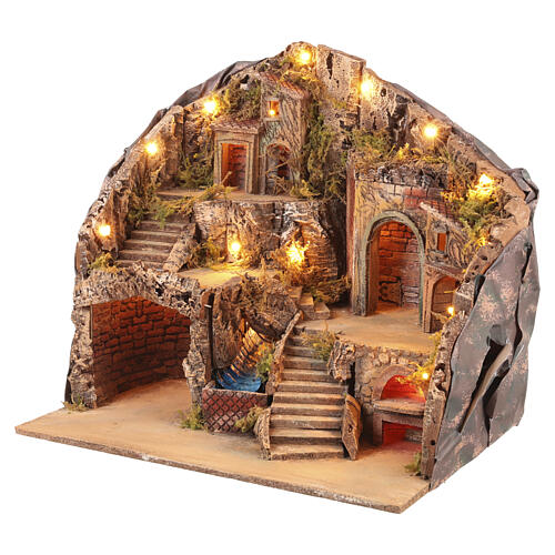 Illuminated Village 50x40x50 cm with Working Waterfall Oven for Neapolitan Nativity 8-10 cm 3