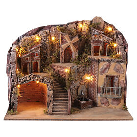 Décor illuminé 50x60x35 cm moulin et VRAIE fontaine pour crèche napolitaine 6-8 cm