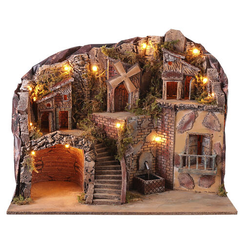 Aldeia Iluminada 47x60x35 cm com moinho e fonte REAL para Presépio Napolitano 6-8 cm 1