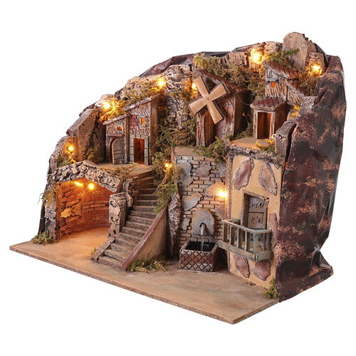 Illuminated setting with working mill and fountain Neapolitan Nativity Scene 50x60x35 cm for 6-8 cm 3