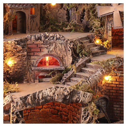 Borgo angolare illuminato 50x85x60 con mulino fontana forno Presepe Napoli 8-10 cm 6