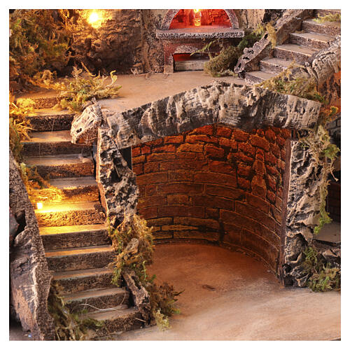 Aldeia de esquina iluminada 50x85x60 cm com moinho, fonte e forno para Presépio Napolitano 8-10 cm 7