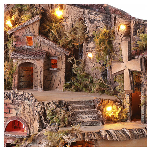 Illuminated corner village 50x85x60 with mill fountain oven Nativity scene Naples 8-10 cm 4
