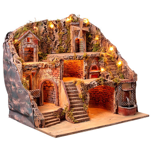 Borgo 60x45x60 cm illuminato movimento mulino vera fontana Presepe Napoli 8-10 cm 5