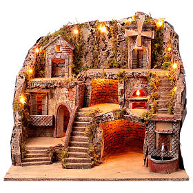 Aldeia iluminada 60x45x60 cm com moinho em movimento e fonte verdadeira para presépio napolitano de 8-10 cm