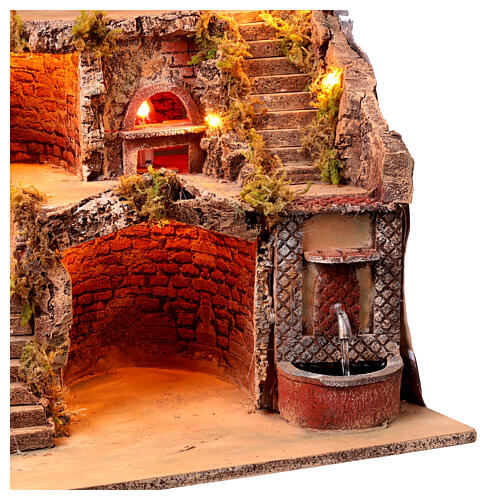 Aldeia iluminada 60x45x60 cm com moinho em movimento e fonte verdadeira para presépio napolitano de 8-10 cm 2