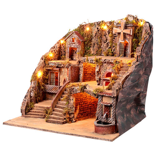 Aldeia iluminada 60x45x60 cm com moinho em movimento e fonte verdadeira para presépio napolitano de 8-10 cm 3