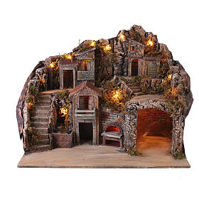 Illuminated village with real waterfall and oven for 8-10 cm Neapolitan Nativity Scene, 50x50x60 cm