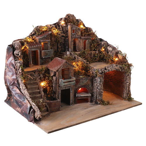 Vila iluminada 50x50x60 cm com forno e cascata funcional para Presépio Napolitano 8-10 cm 5