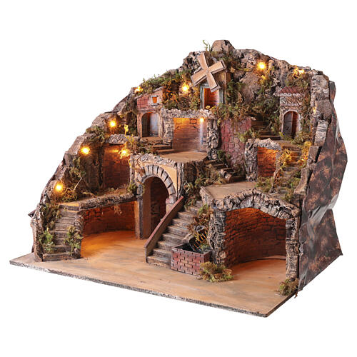 Village illuminé 60x70x50 cm avec four, moulin et véritable cascade pour crèche napolitaine 8-10 cm 3