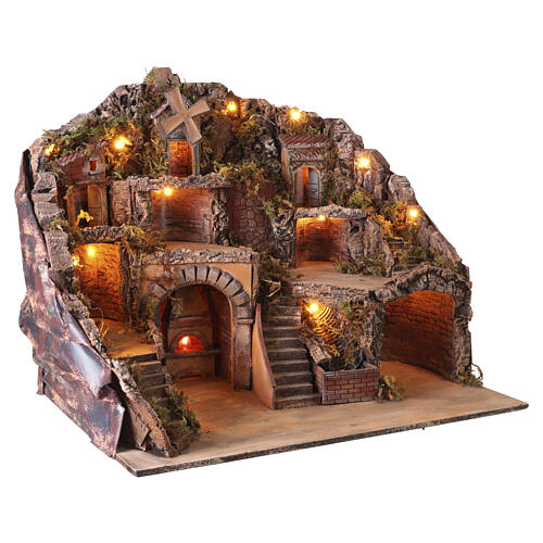 Borgo illuminato 60x70x50 cm con forno mulino cascata VERA Presepe Napoli 8-10 cm 5