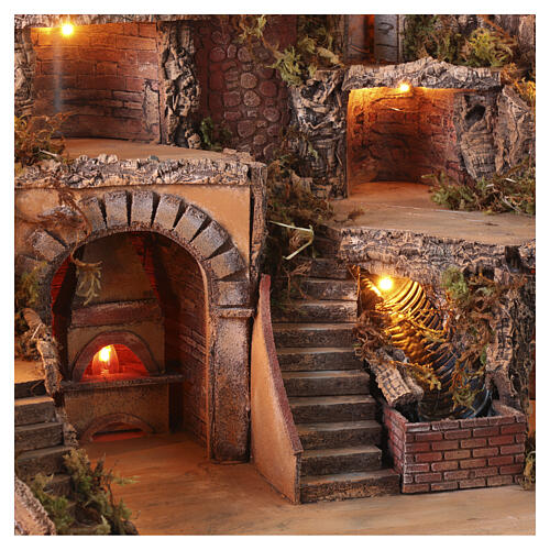 Aldeia iluminada 60x70x50 cm com forno, moinho e cascata verdadeira para Presépio Napolitano 8-10 cm 7