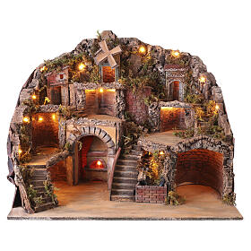 Lighted Nativity Village 60x70x50 cm with working oven mill waterfall, Naples 8-10 cm