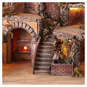 Lighted Nativity Village 60x70x50 cm with working oven mill waterfall, Naples 8-10 cm