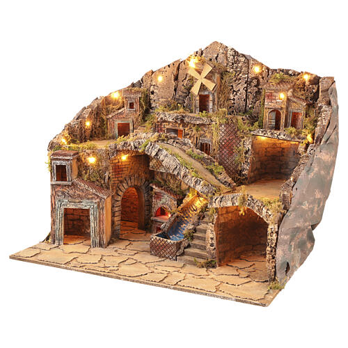 Vila iluminada 75x50x70 cm com moinho, ponte e cascata para Presépio Napolitano 10-12 cm 3