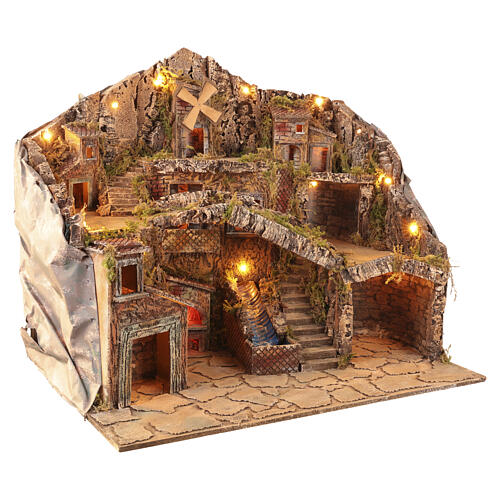 Vila iluminada 75x50x70 cm com moinho, ponte e cascata para Presépio Napolitano 10-12 cm 5