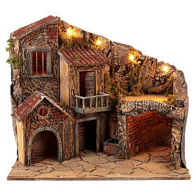 Escena iluminada 55x40x50 casa con gruta y fuente belén napolitano 8-10 cm