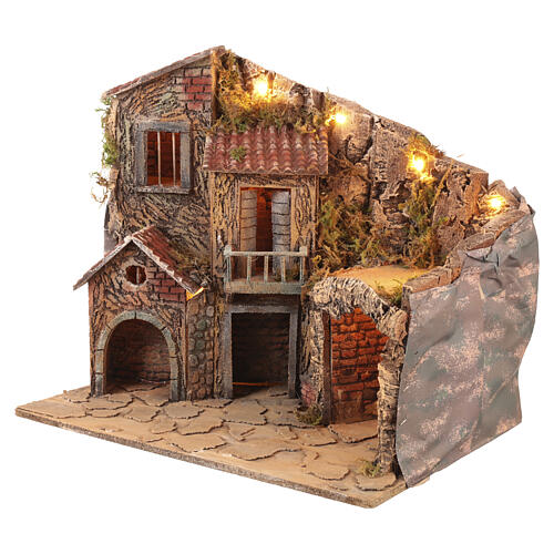 Illuminated House Village Setting with Grotto and Fountain 55x40x50 for Neapolitan Nativity 8-10 cm 3