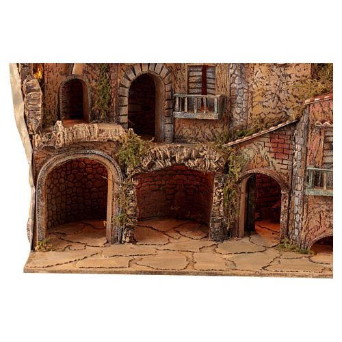 Oświetlona wioska 70x45x60 cm z ruchomym młynem- szopka z Neapolu 10-12 cm 2