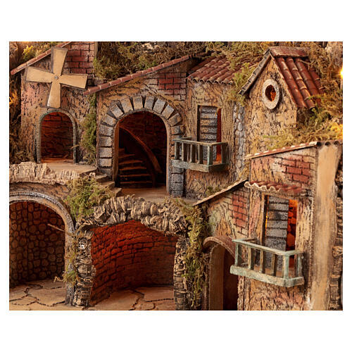 Oświetlona wioska 70x45x60 cm z ruchomym młynem- szopka z Neapolu 10-12 cm 5