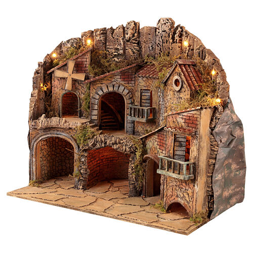 Illuminated village with moving mill for Naples nativity scene 70x45x60 cm 10-12 cm figurines 4