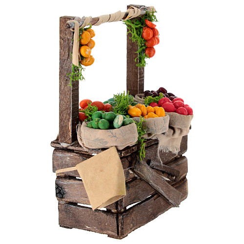 Marktstand mit Früchten aus Terrakotta in Jutesäcken, im neapolitanischen Stil, für 10–12 cm Krippe – Krippenzubehör 3