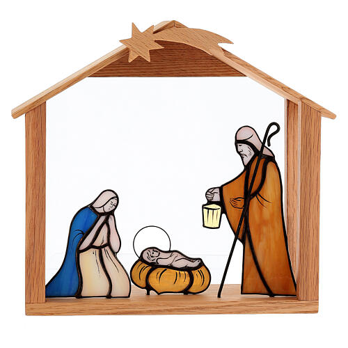 Presepe in vetro colorato con capanna in legno 1