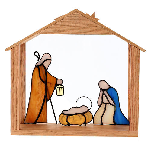 Presepe in vetro colorato con capanna in legno 9