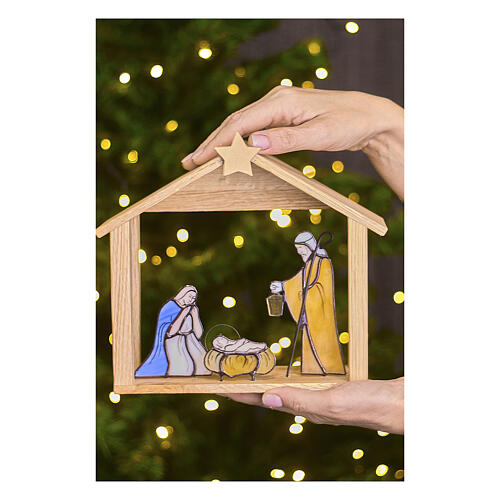 Nativity Holy Family in colored glass with wooden stable 5