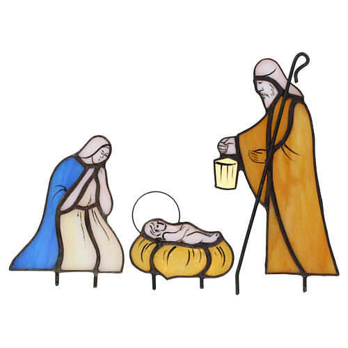 Nativity Holy Family in colored glass with wooden stable 6