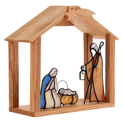 Nativity Holy Family in colored glass with wooden stable 8