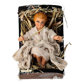 Baby Jesus in the manger, terracotta and wood, 14 cm Neapolitan Nativity Scene