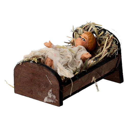 Baby Jesus in the manger, terracotta and wood, 14 cm Neapolitan Nativity Scene 4