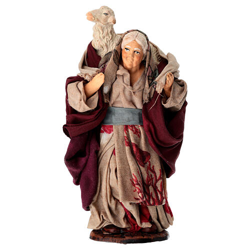 Terracotta Old Woman with Sheep on Shoulder, 15 cm Neapolitan Nativity 1