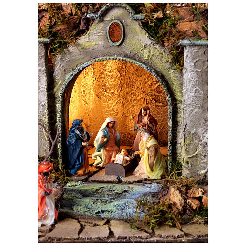 Multi-level village with arch and Nativity of 8 cm, terracotta, 30x40x70 cm 2