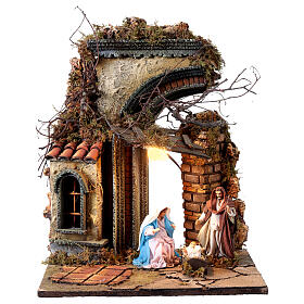 Portal with Neapolitan Nativity Terracotta 12 cm Figures, 25x30x40 cm